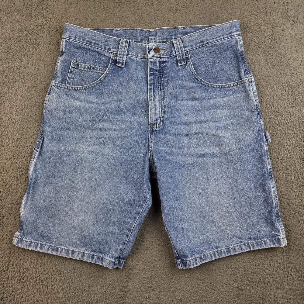 Wrangler Carpenter Shorts Men's 32 Reg Blue Jean Denim Jorts Whiskered Utility
